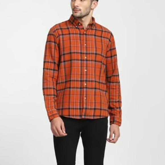 Selected HOMME Flannel Lumberjack Long Sleeve Button Up Orange Plaid - Picture 1 of 12